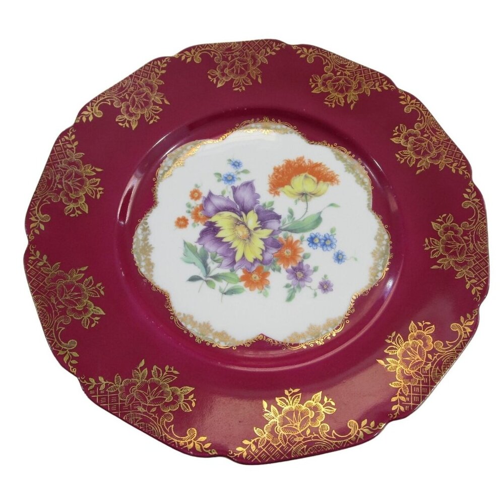 Vintage H&Co Selb Cabinet Decorative Plate Germany US Zone GUC Maroon Floral